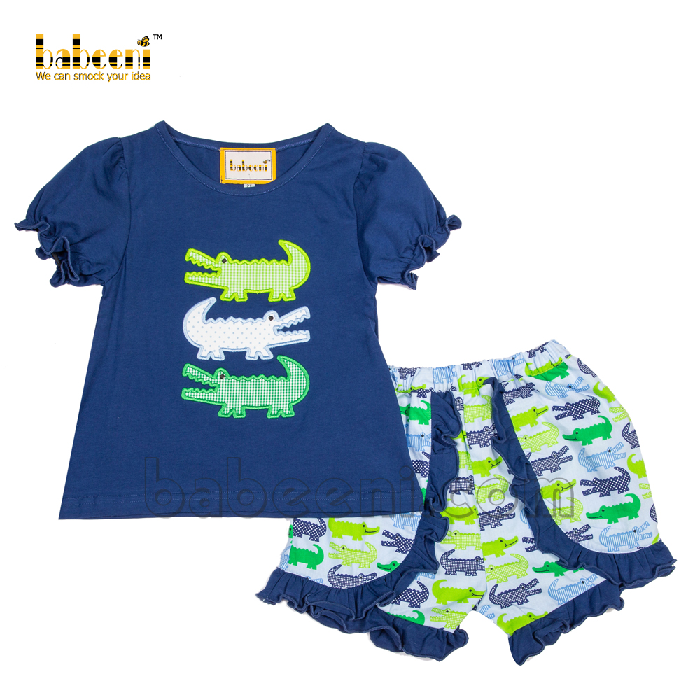 Girl set with appliqued crocodile navy top printed shorts - DR 3118